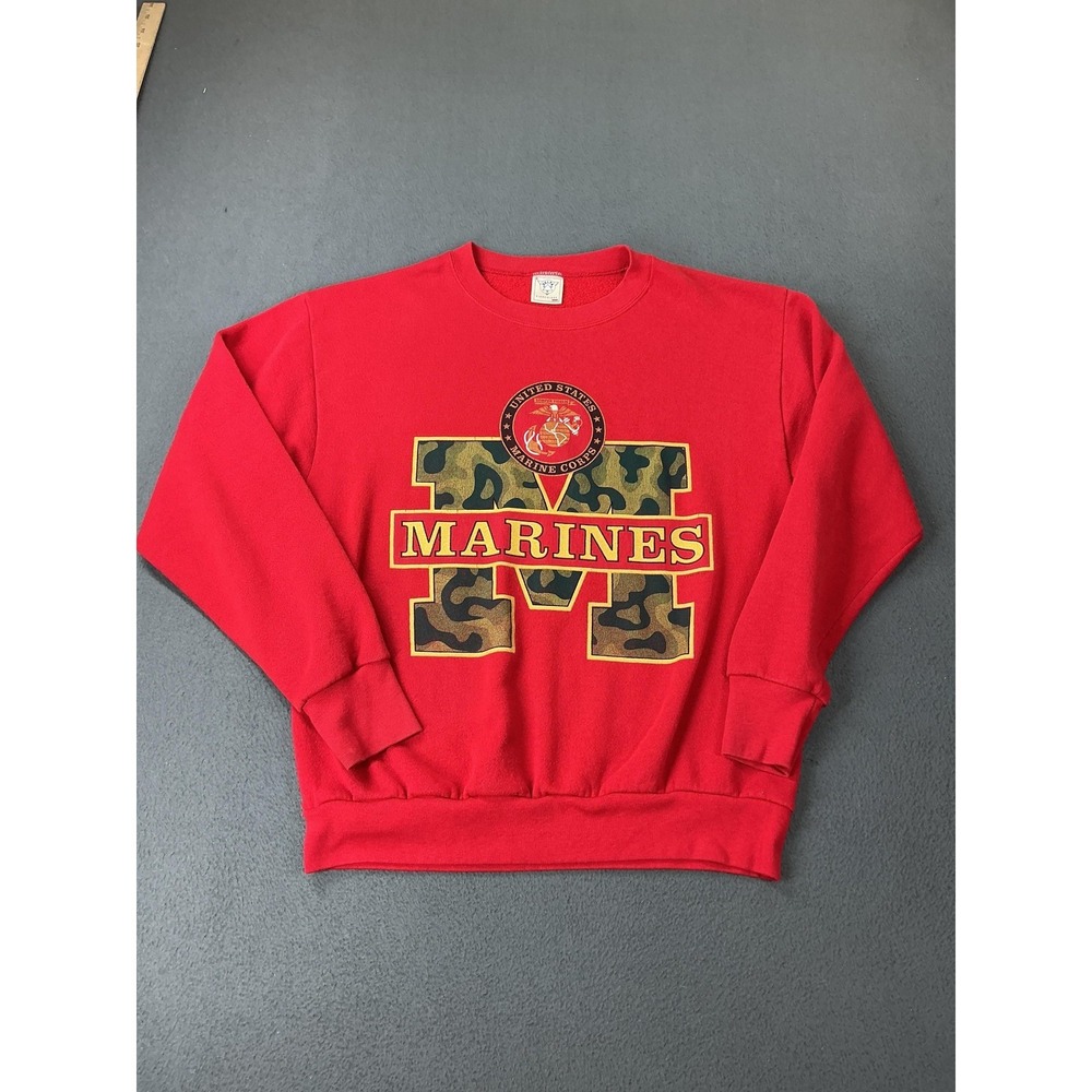 vintage Marines USMC Sweatshirt Mens L Red Pullover Fleece USA Crewneck 80s 90s